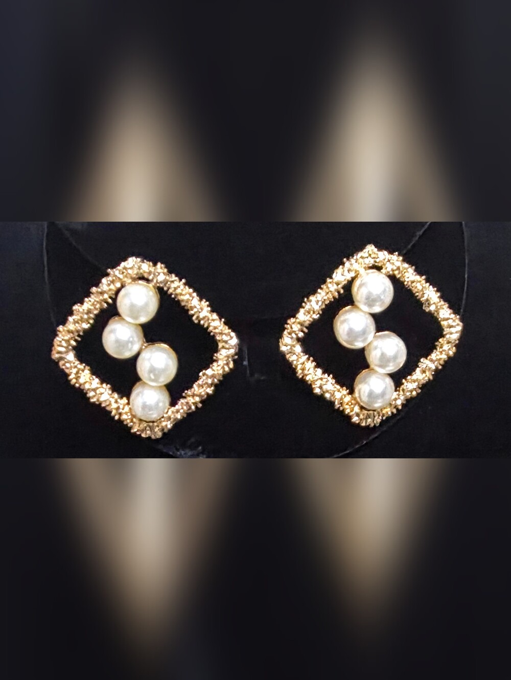 Textured Gold-tone Square Frame Faux Pearl Earrings